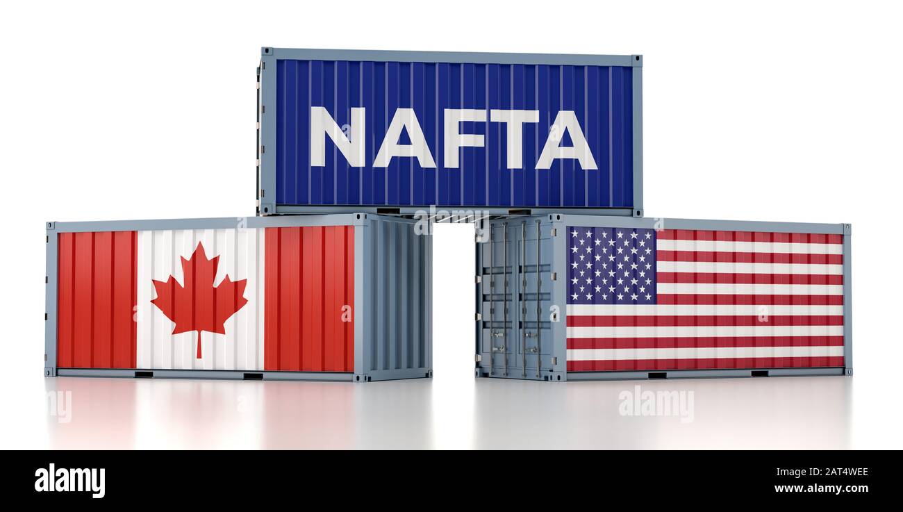 NAFTA - Frachtcontainer mit Nationalflaggen USA und Kanada - 3D-Rendering Stockfoto