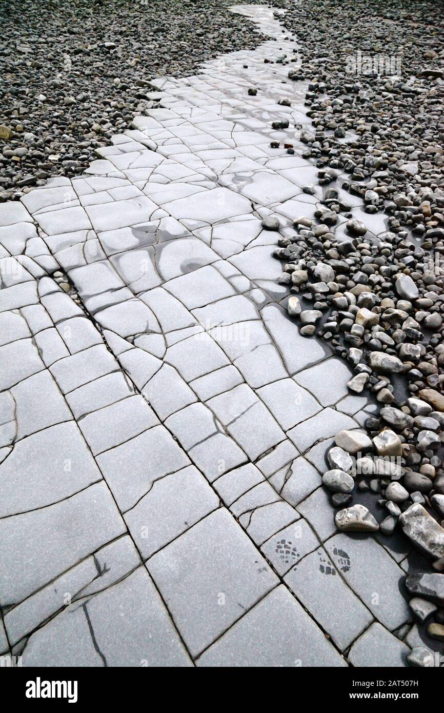 Kalksteinpflaster und Kieselstrand auf Vorland am Lavernock Point, South Glamorgan, Wales, Großbritannien Stockfoto