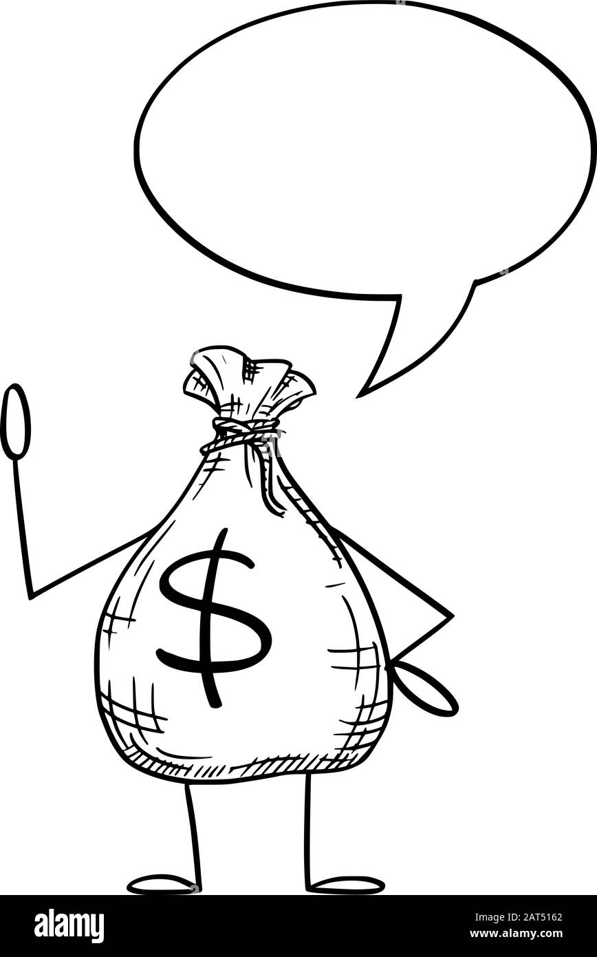 Vektorgrafiken von Cartoon-Tüten mit Geld- oder Dollarzeichen mit Sprechblase.Finanzwerbung oder Marketingdesign. Stock Vektor