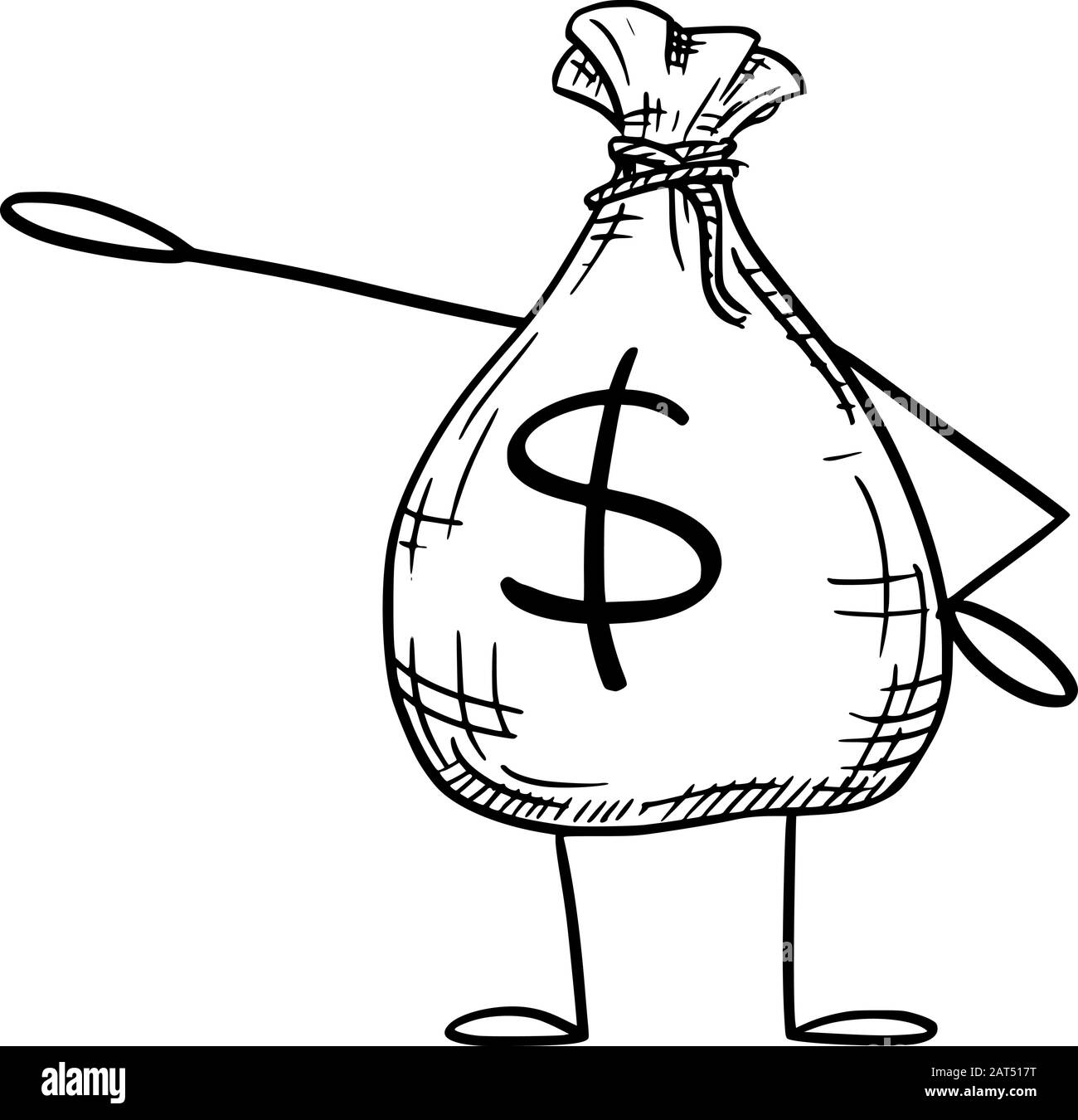 Vektorgrafiken von Cartoon-Tüten mit Geld- oder Dollarzeichen, die von Hand etwas zeigen oder darauf hinweisen.Finanzwerbung oder Marketingdesign. Stock Vektor