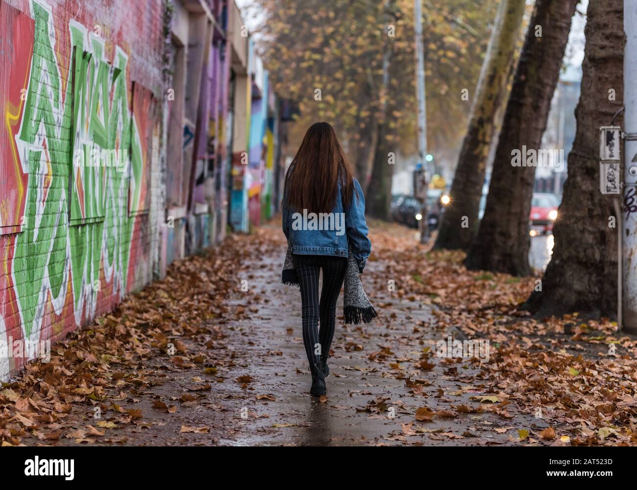 Attraktives 18-jähriges Mädchen im Teenager-Alter in hautengem Jeans und Jeansjacke, das durch eine raue Straße mit Herbstlaub auf dem Bürgersteig geht Stockfoto