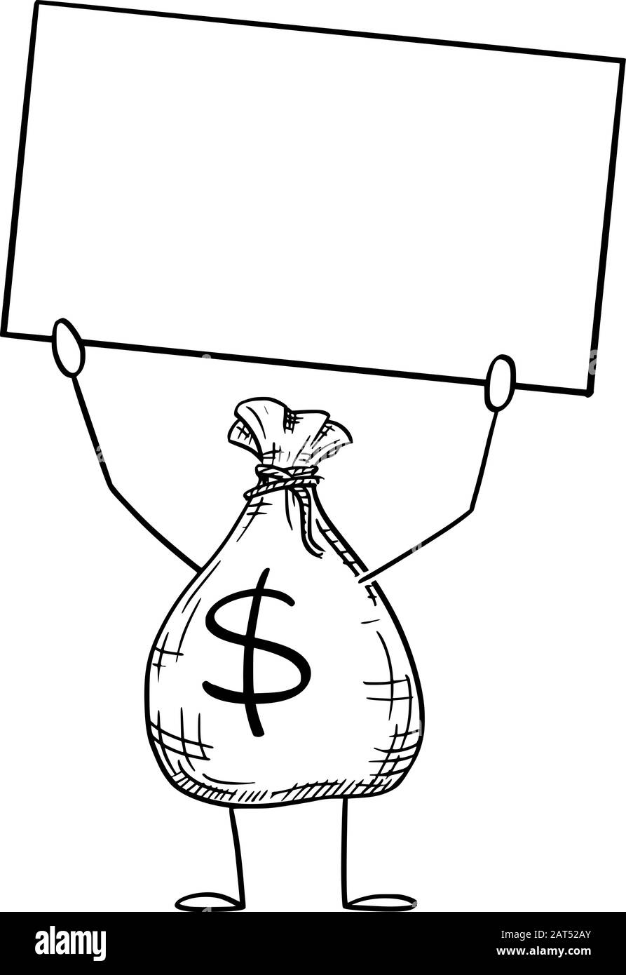 Vektorgrafiken von Cartoon-Tüten mit Geld- oder Dollarzeichen, die ein leeres Zeichen in der Hand halten.Finanzwerbung oder Marketingdesign. Stock Vektor