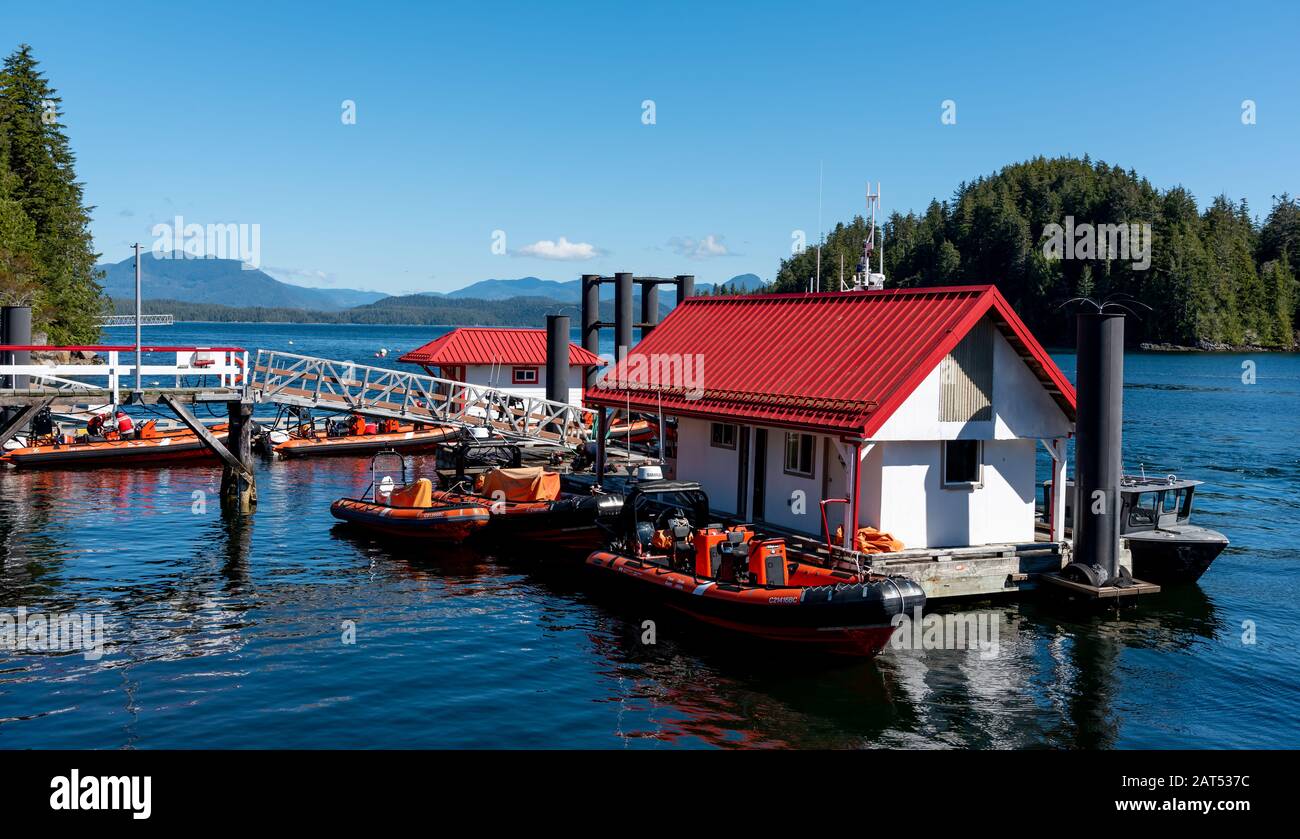 Coast Guard Station Dock, Bamfield, Vancouver Island, British Columbia, Kanada Stockfoto