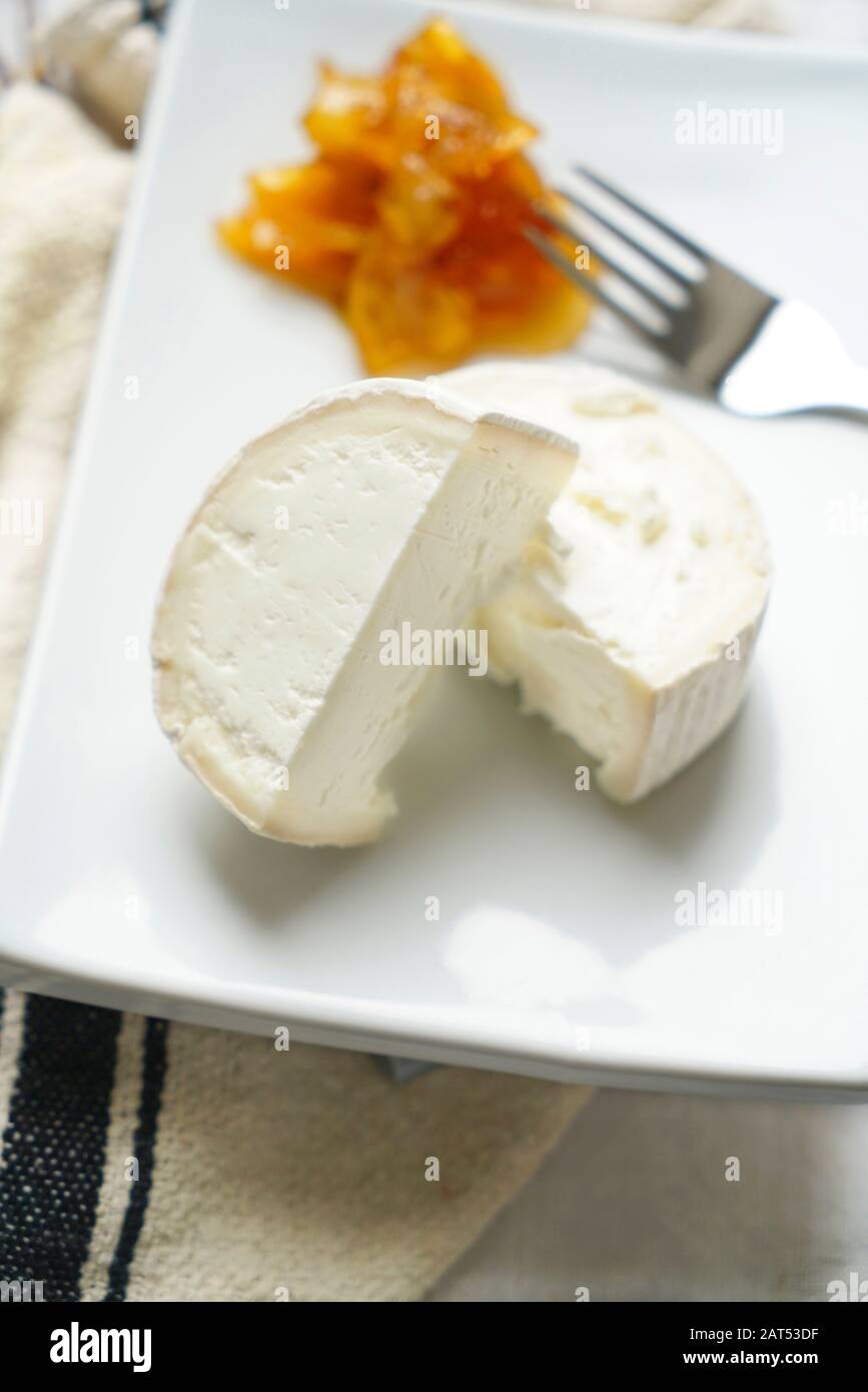 Typischer Ziegenkäse aus Frankreich mit sizilianischem Orangensenf, Europa Stockfoto