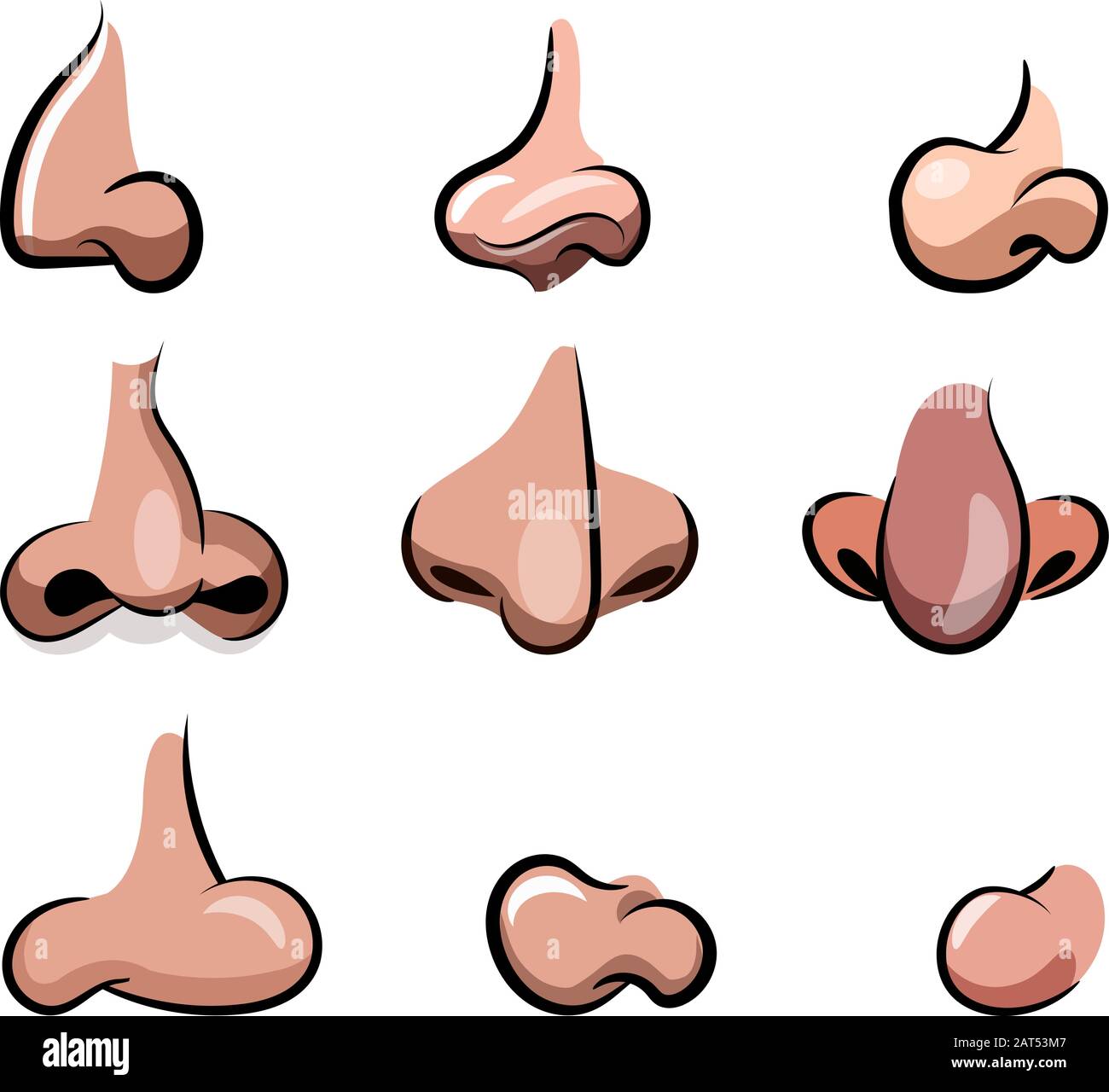 Cartoon-Set mit Vektor-Nase. Verschiedene Nasen für Zeichentrickfilme mit verschiedenen Größen, Nasenseiten und Farben. Requisiten für eine Zeichentrickfigur. Stock Vektor