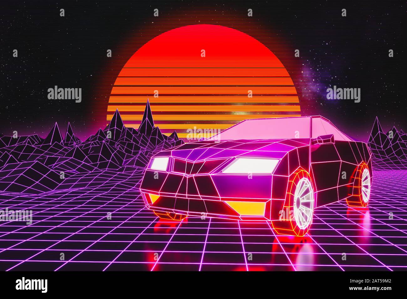 Flacher generischer Sportwagen mit Gitterterrain und Sonne. Retro Wave oder Synthwave oder Vaporwave 80er Arcade Spiel futuristischer abstrakter Stil 3d Rendering il Stockfoto