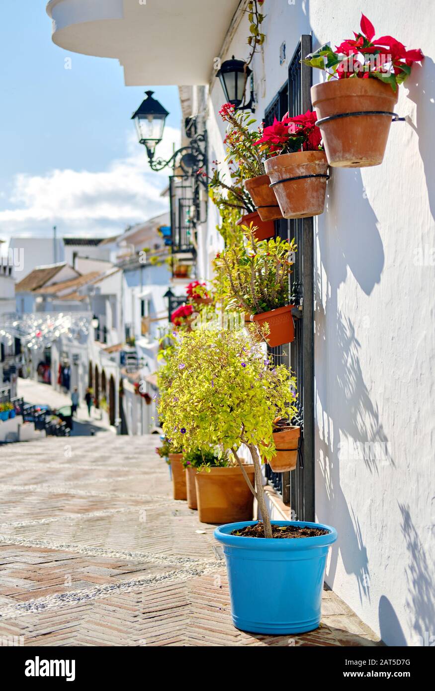 Leerer Fußgängerweg und hängende Blumentöpfe an der Hauswand, charmantes kleines Dorf Mijas, Costa del Sol, Andalusien, Spanien. Sonnig Stockfoto