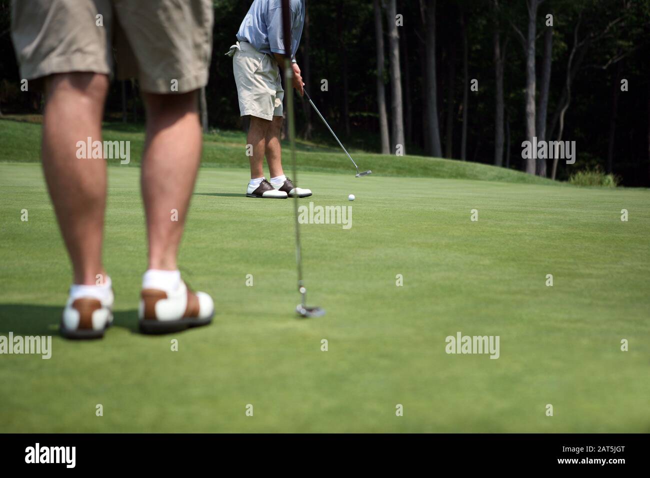 Golfer in Shorts, die die grün-weißen braunen Golfschuhe anziehen Stockfoto