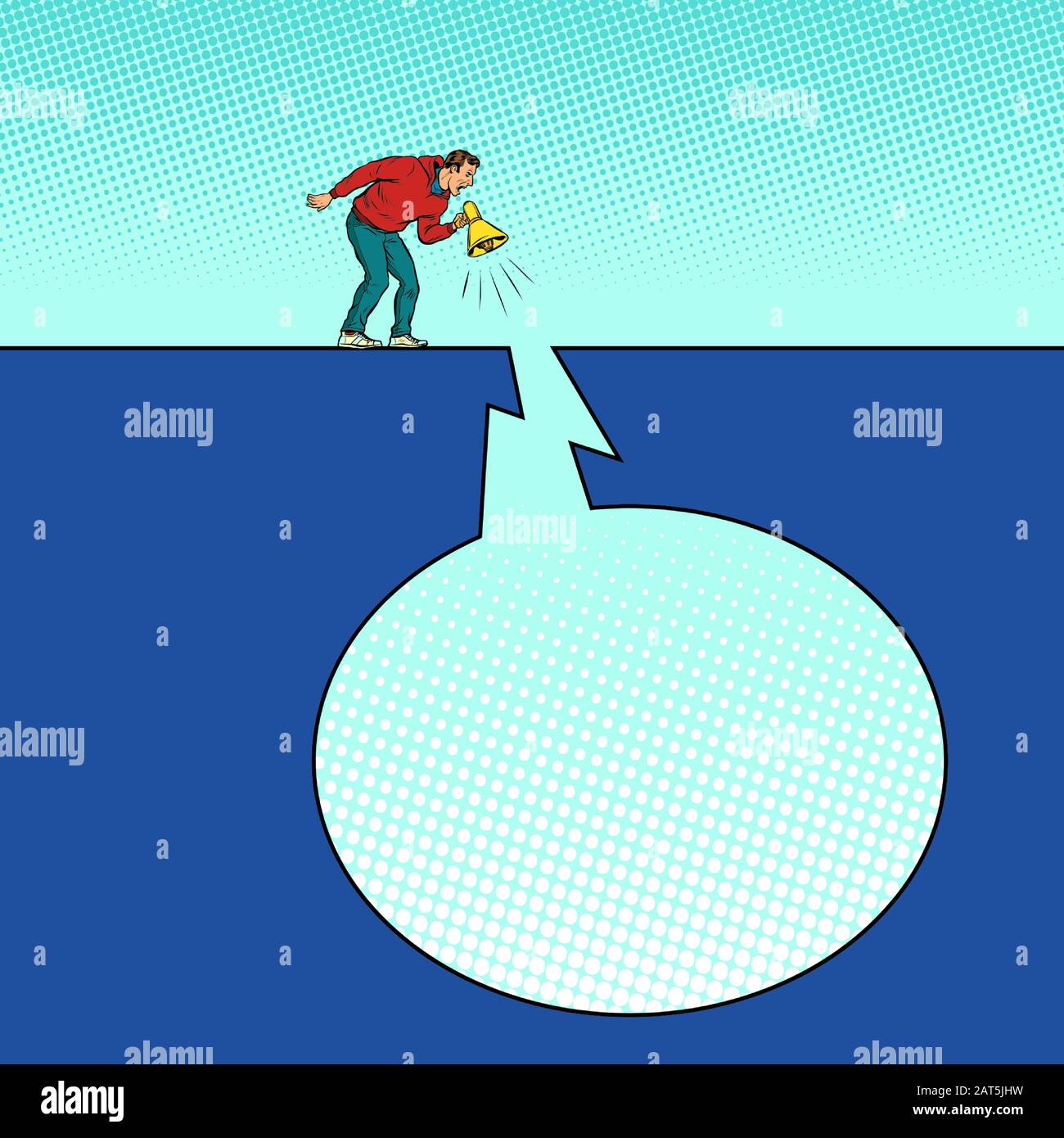 Ein Mann mit einem Megafon. Kommunikationskonzept Stock Vektor