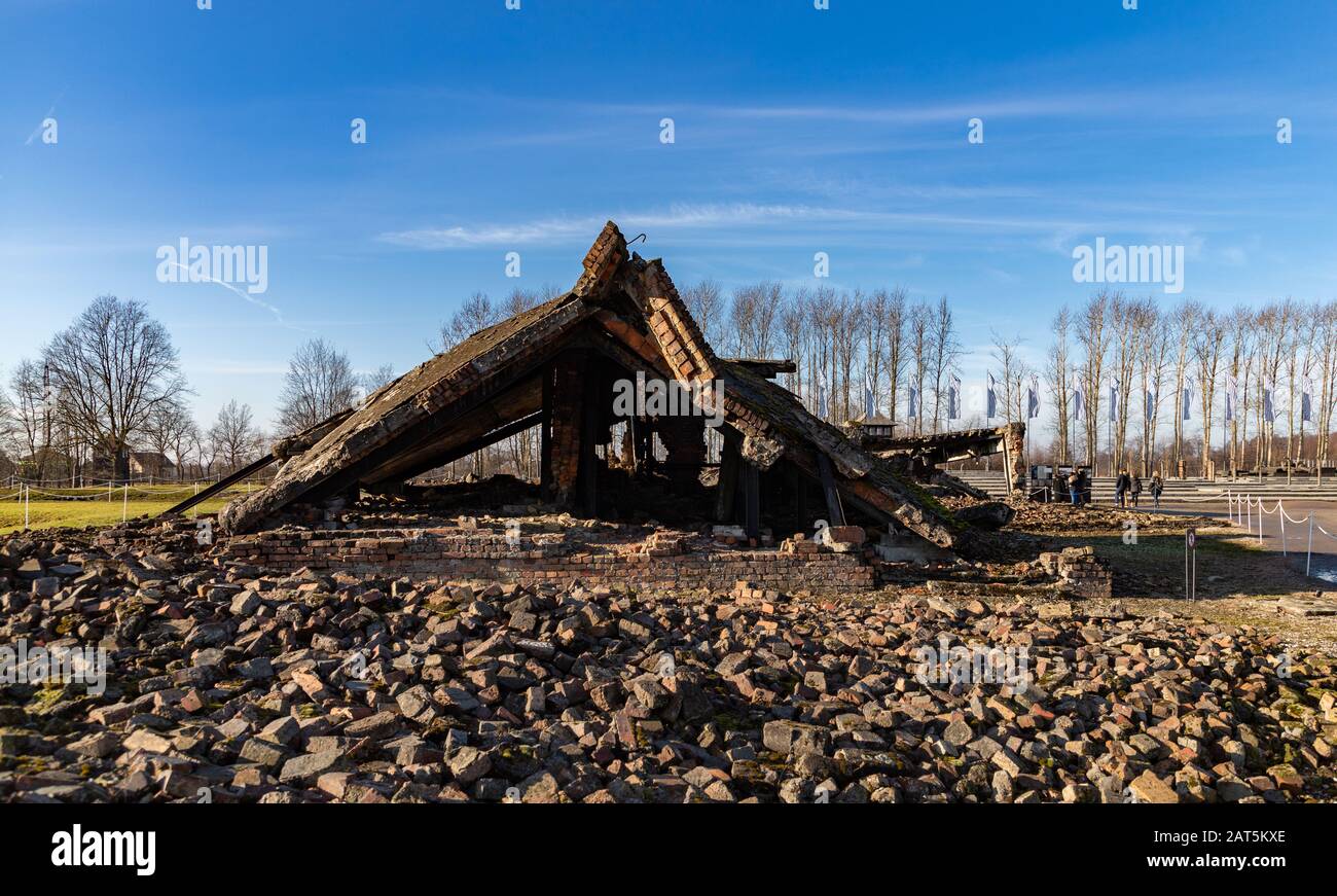 Ein Bild der Gaskammern Ruinen von Auschwitz II - Birkenau. Stockfoto