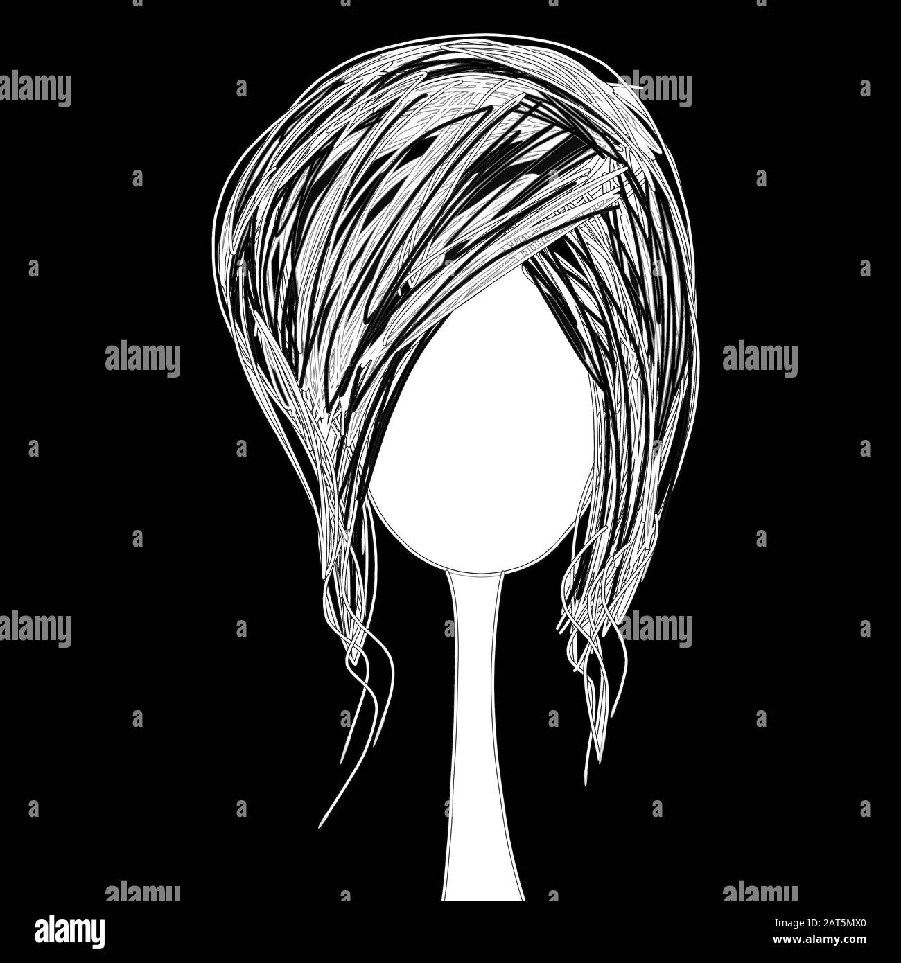 Schwarz-weiß einfache Skizze des gesichtslosen Kopfes eines Mädchens Stockfoto