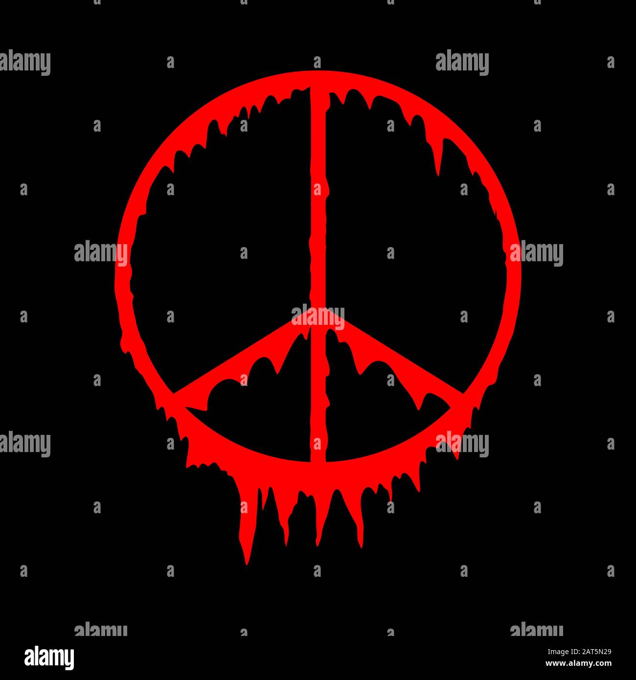 Ein tropfendes rotes Hintergrundbild des Friedenssymbols. Stockfoto