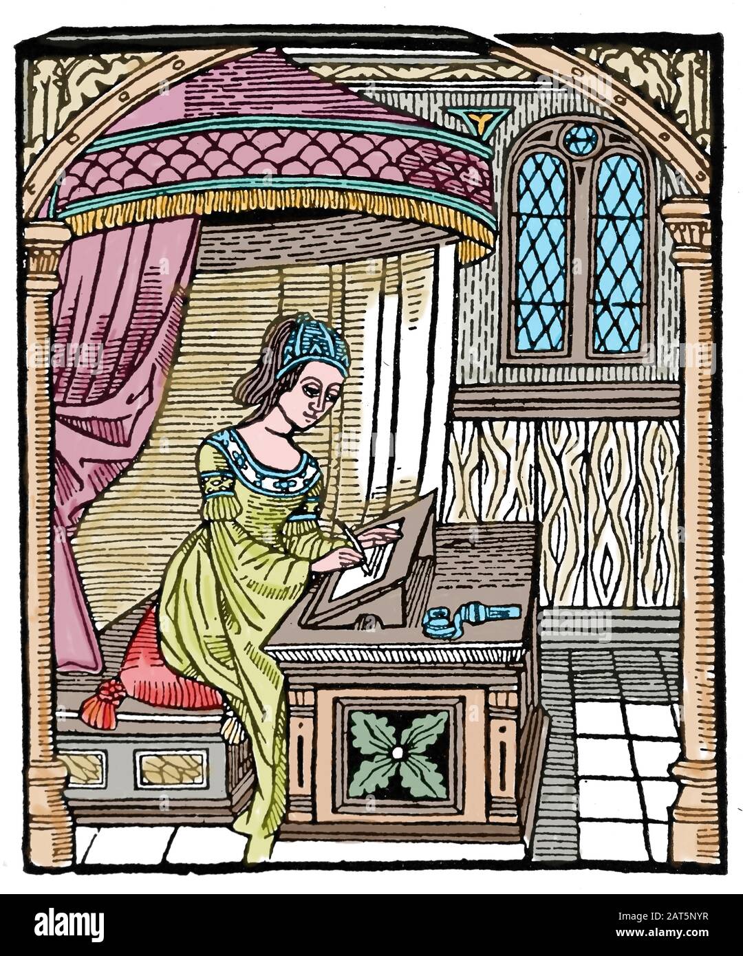 Diego de San Pedro (1437-1498). Kastilischer Schriftsteller. Gefängnis der Liebe, 1492. Prinzessin Laureola schreibt einen Brief. Gravur. Stockfoto