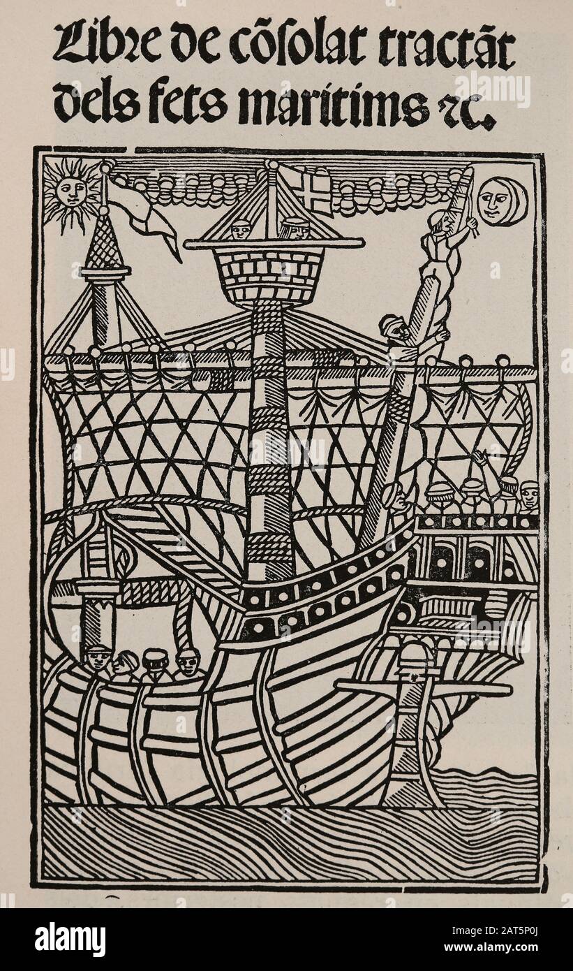 Buch des Seekonsulats. Kompendium des Seerechts im Mittelmeer. 1320-1330. Katalanische Sprache. Auflage 1502. Stockfoto