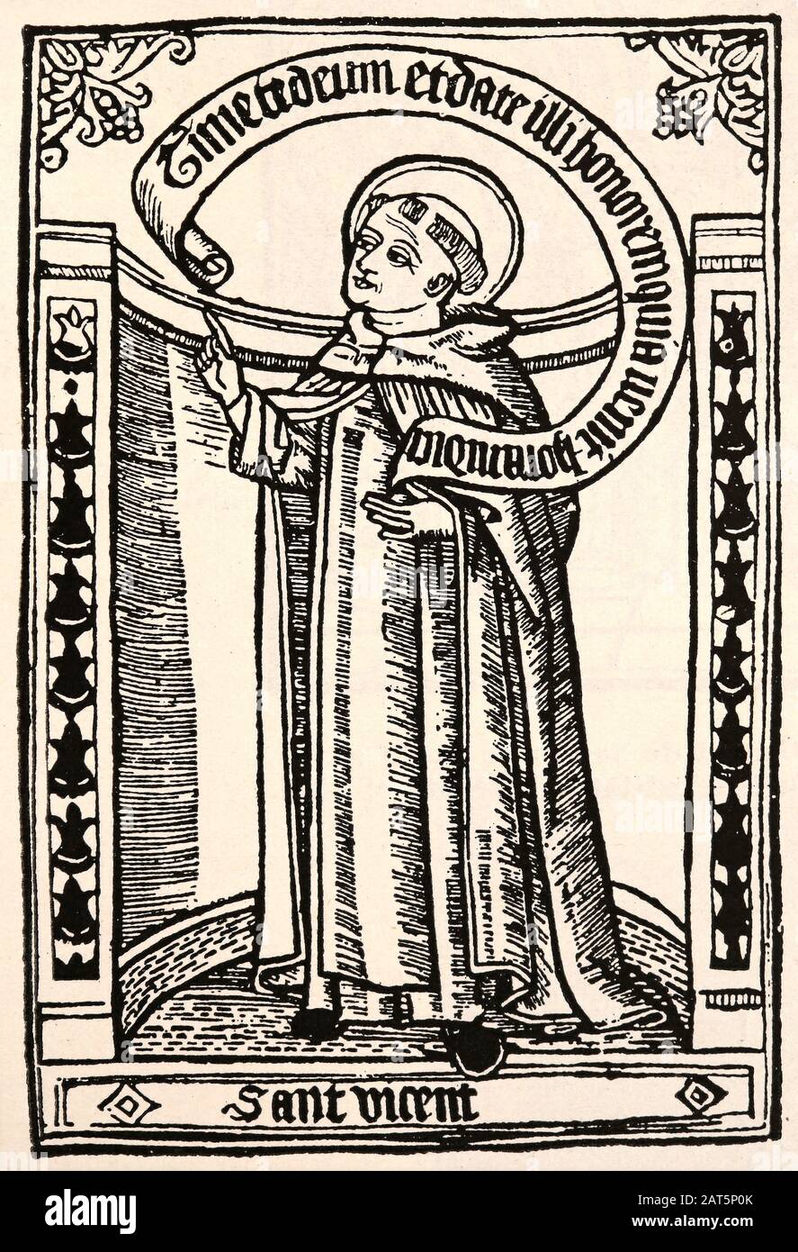St. Vincent Ferrer (1350-1413). Spanischer Dominikischer Friar. Gravur einer Biographie des Heiligen von 1510. Stockfoto