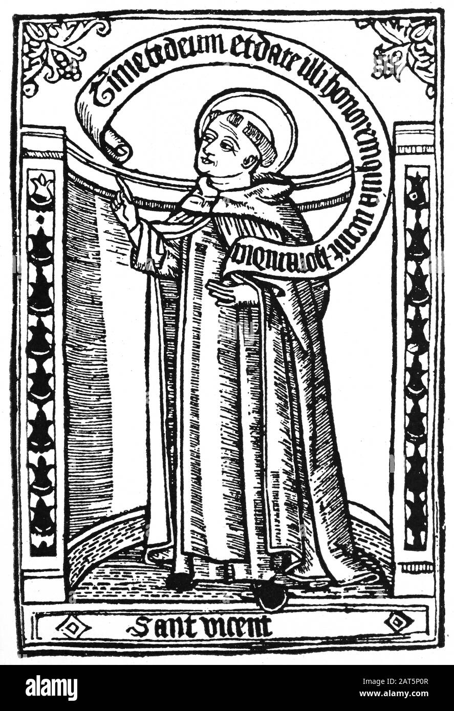 St. Vincent Ferrer (1350-1413). Spanischer Dominikischer Friar. Gravur einer Biographie des Heiligen von 1510. Stockfoto