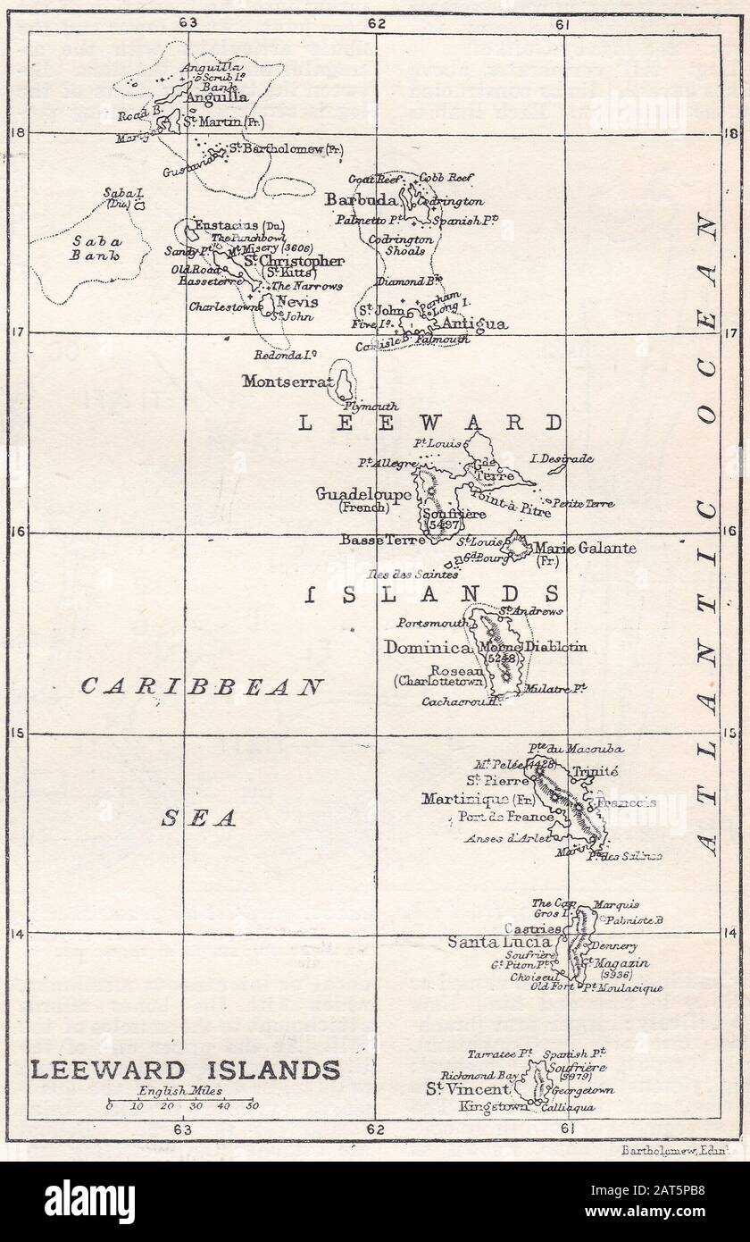 Jahrgangskarte der Leeward-Inseln - Hier Trifft das nordöstliche karibische Meer auf den westlichen Atlantik. Stockfoto