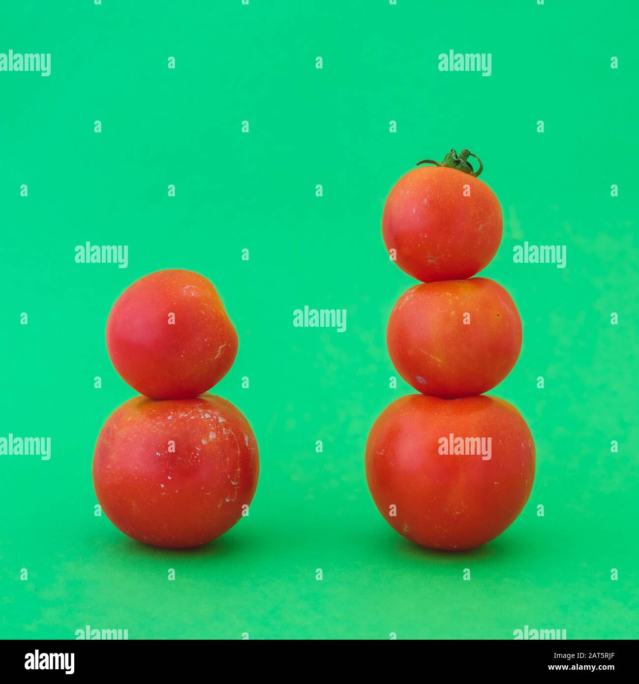 Fünf kleine rote Tomaten in zwei- und dreifachen Stapeln auf blaugrün isoliertem Hintergrund. Unterschied zwischen hoch und niedrig. Stockfoto