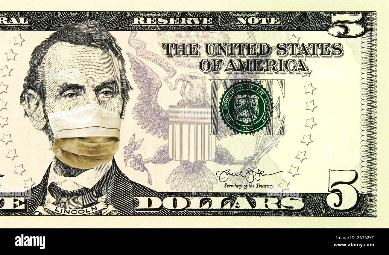 Coronavirus Wuhan Sars Krankheit. Quarantänekonzept in den Vereinigten Staaten. 5-Dollar-Banknote, bei der Lincoln eine Gesichtsmaske trägt. Digitale Montage. Stockfoto