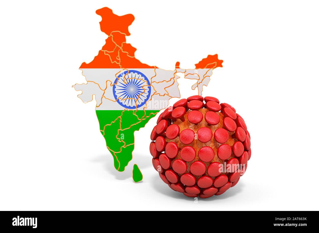 Virus in Indien Konzept, 3D-Rendering isoliert auf weißem Hintergrund Stockfoto