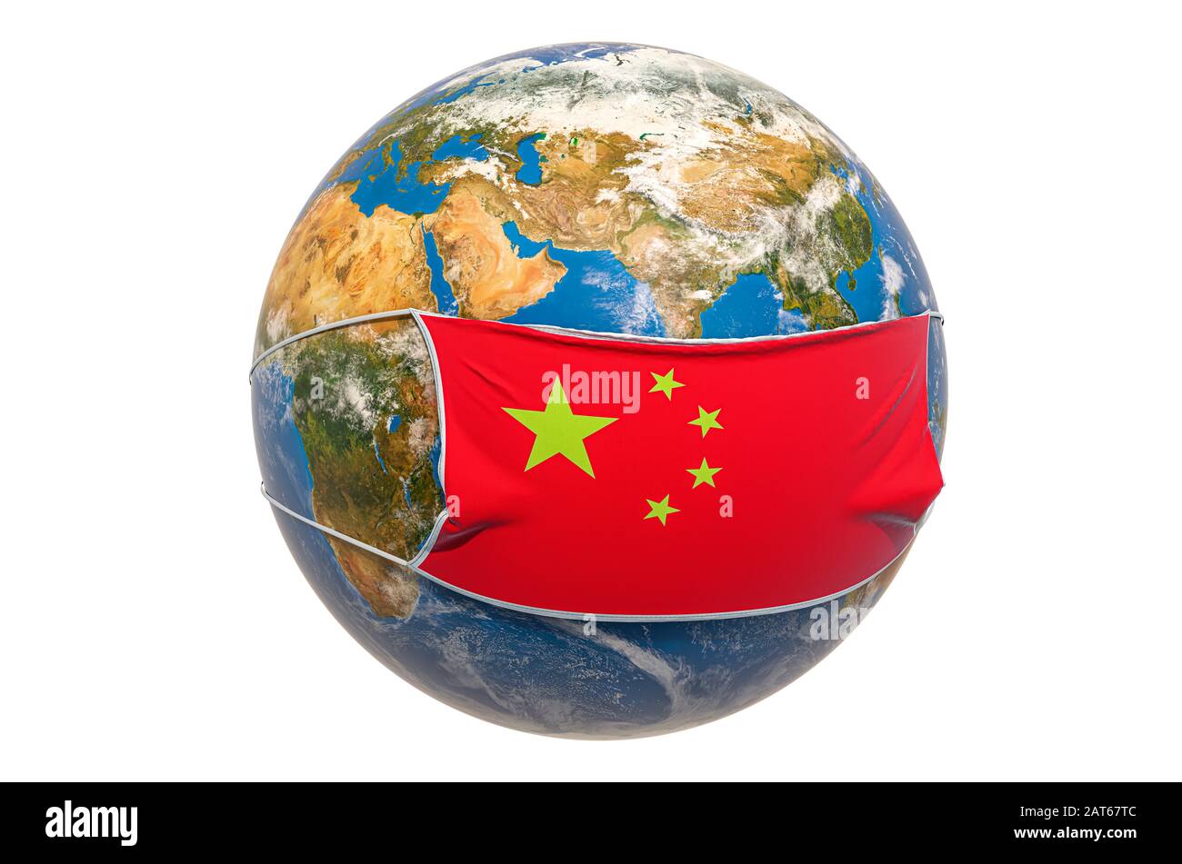 Earth Globe in einer medizinischen Maske mit Flagge Chinas. Globale Epidemie des chinesischen Coronavirus Konzepts, 3D-Rendering isoliert auf weißem Hintergrund Stockfoto