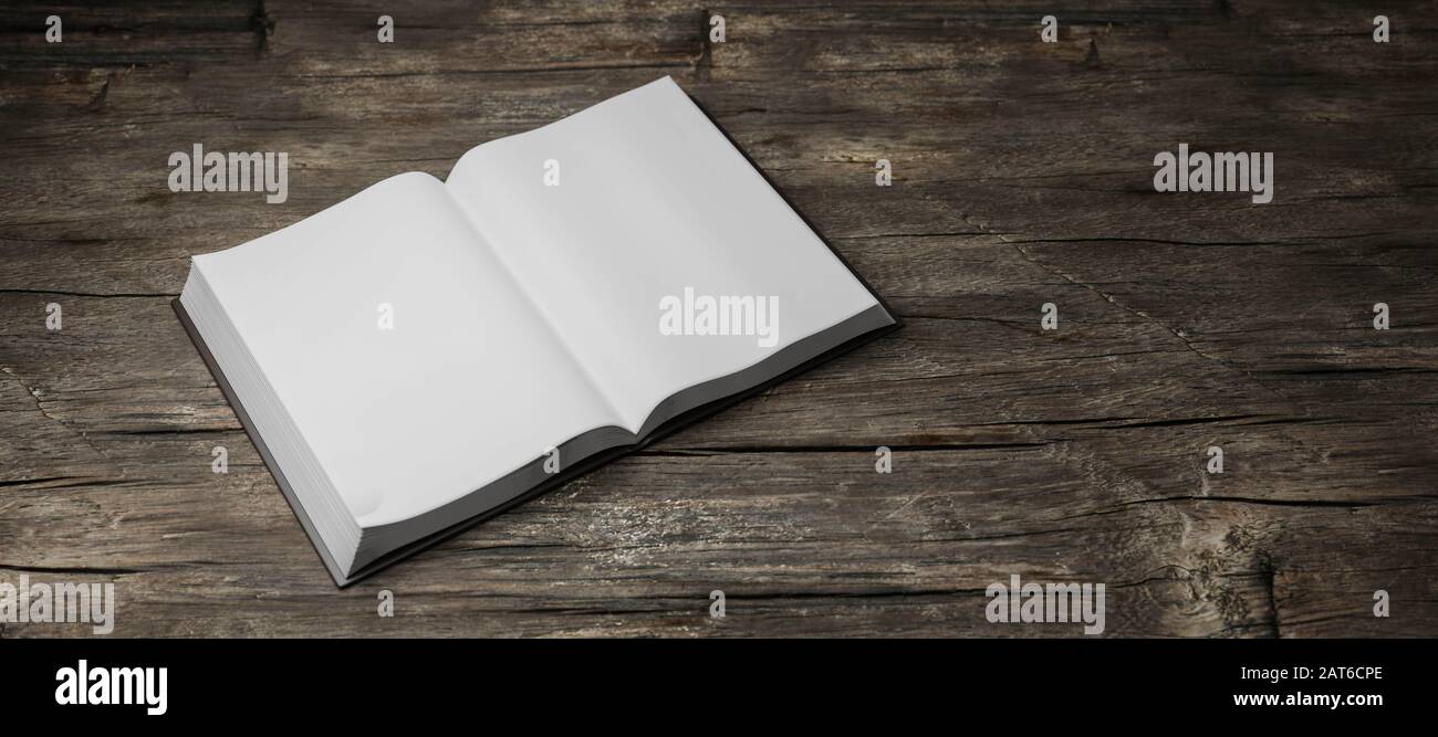 Leer leer geöffnete Buch auf dunklem Holz u 3d-render Abbildung Stockfoto