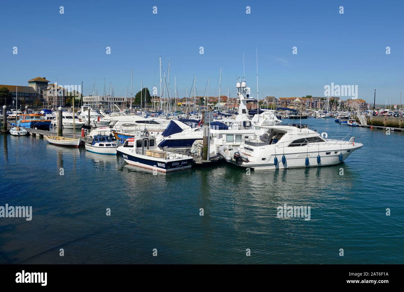 Blick auf den inneren Hafen von Weymouth, Dorset, UK mit vielen Booten und Yachten, die auf den North Quay Pontons festgemacht sind Stockfoto