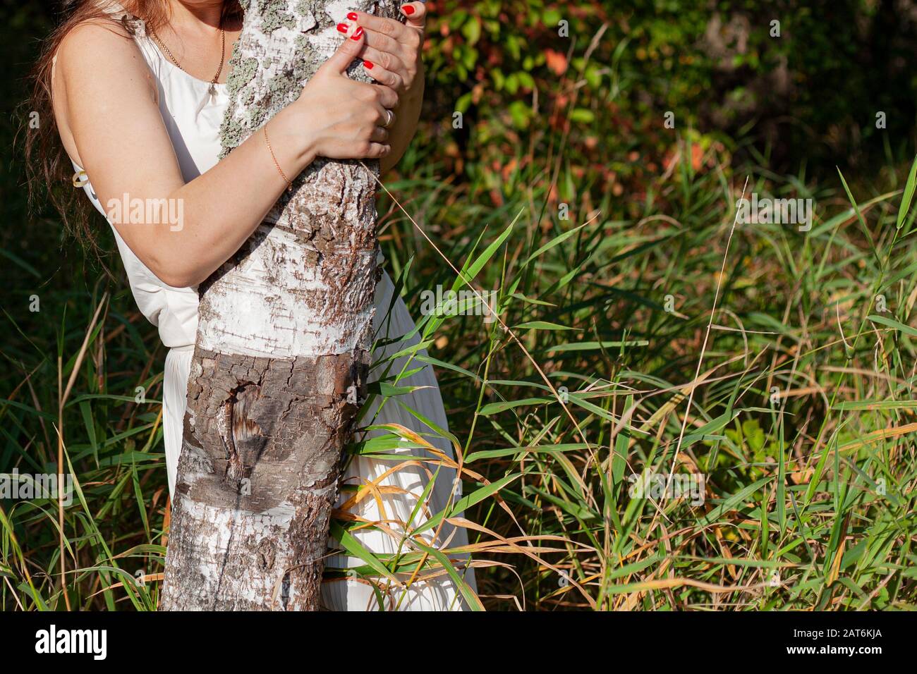 Roter nagellack. Mädchen umarmt eine Birke. Nähe zur Natur. Natürliche Schönheit und helle Maniküre. Romantische Stimmung. Schönheit des russischen Mädchens. Die Energie von Stockfoto