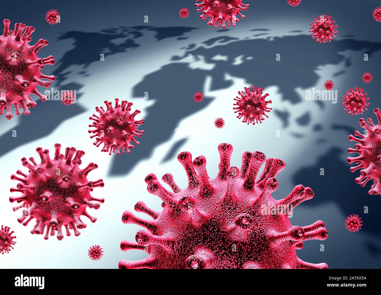 Ausbruch von Coronavirus im Weltgesundheitsbereich und internationale Infektionskrankheit in der Öffentlichkeit und globales tödliches Gesundheitsrisiko für Viren und Grippeausbreitung oder Coronaviren. Stockfoto