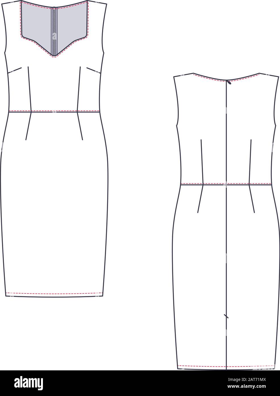 Technische Skizze der Vektormode von Frauen Mittelsundress. Stock Vektor