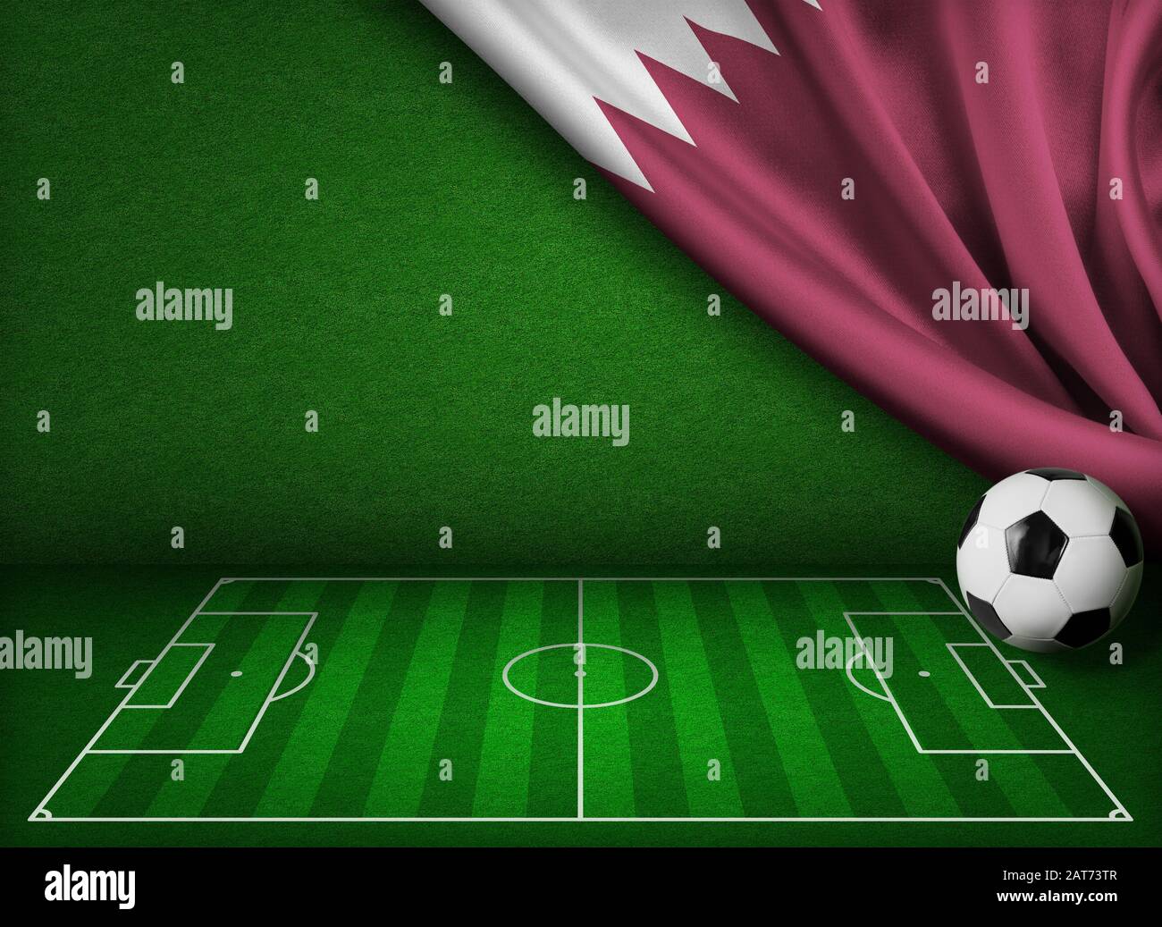 Fußball-Feldmodell und Qatar-Flagge mit Ball Concept Hintergrund Stockfoto