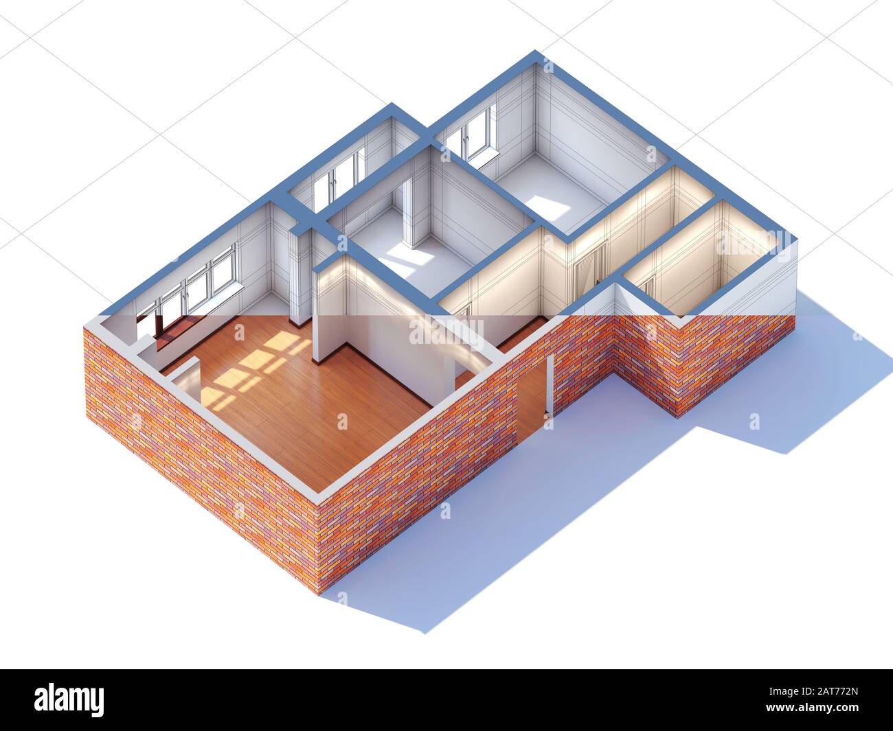 Inneneinrichtung des Hauses Planung Skizze Entwurf 3D-Rendering Halbentwurf und Halbfertig (allgemeine Luftaufnahme) Stockfoto