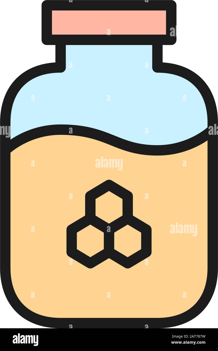Glaskanne mit Honig, Symbol für flache Farblinien der Imkerei. Stock Vektor