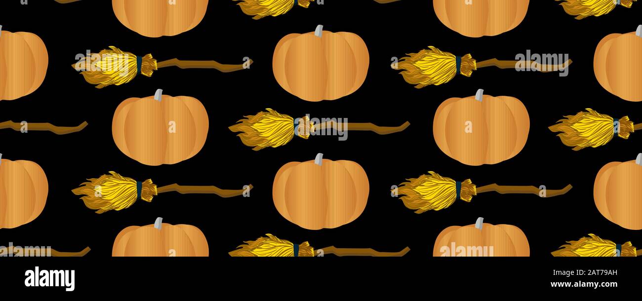 Nahtloses Vektormuster. Kürbis und fliegende Besen. Besen zum Fliegen. Magie und Hexerei. Halloween Stock Vektor