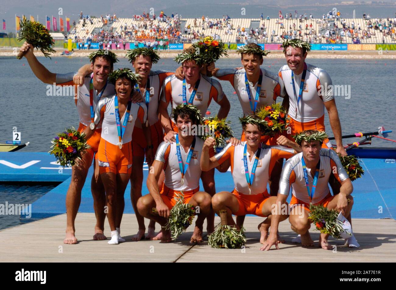 20040828 Olympische Spiele Athen Griechenland [Olympic Rowing Regatta] Lake Schinias NED M8+ Silbermedaillengewinner Foto Peter Spurrier E-Mail images@intersport-images.com [Mandatory Credit Peter Spurrier/ Intersport Images] Stockfoto