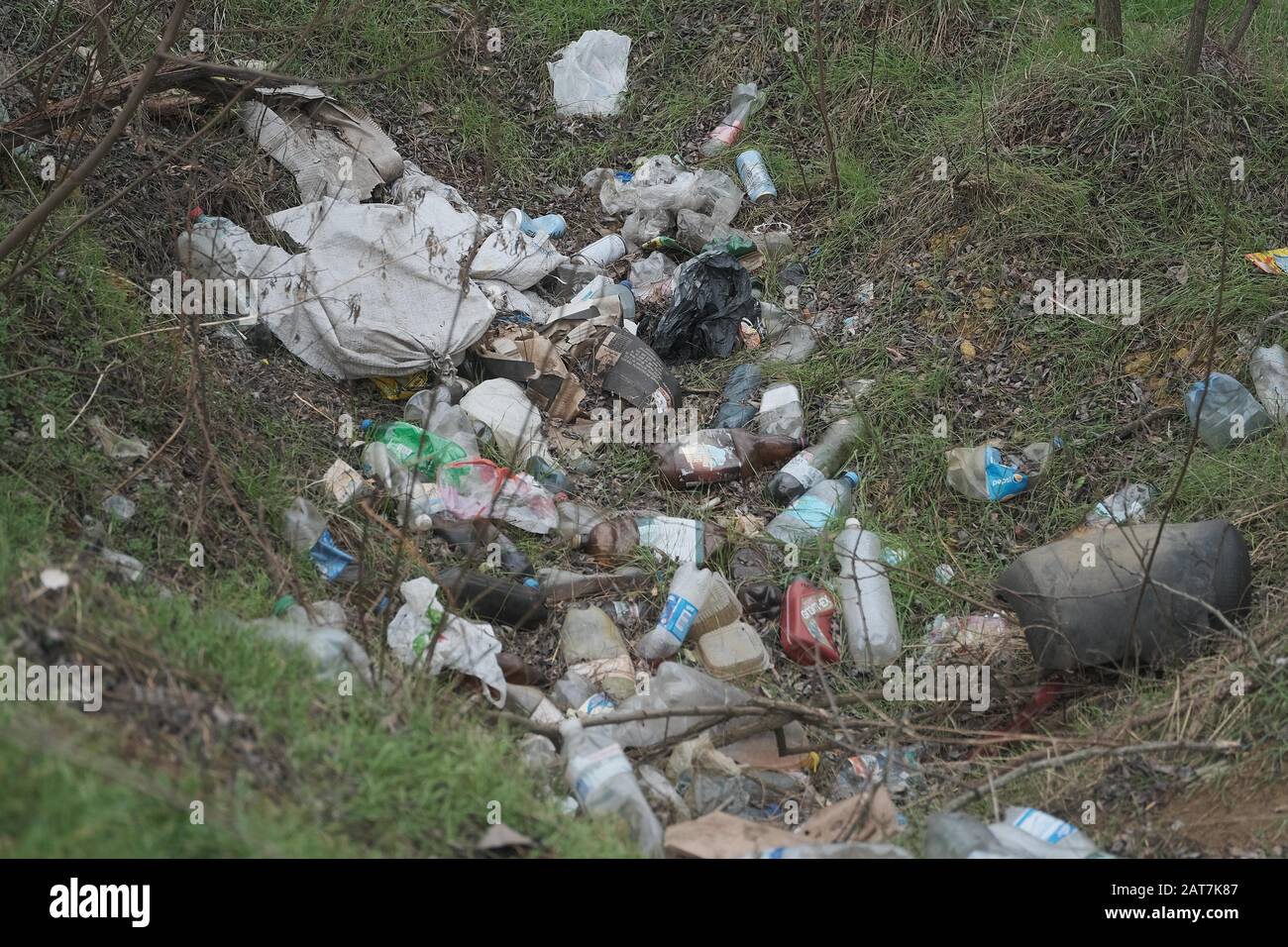 Symbolbild Umweltverschmutzung, Plastikmüll am Straßenrand, Oblast Kherson, Ukraine Stockfoto