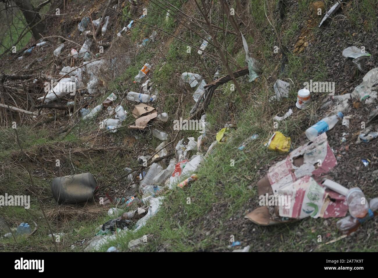 Symbolbild Umweltverschmutzung, Plastikmüll am Straßenrand, Oblast Kherson, Ukraine Stockfoto