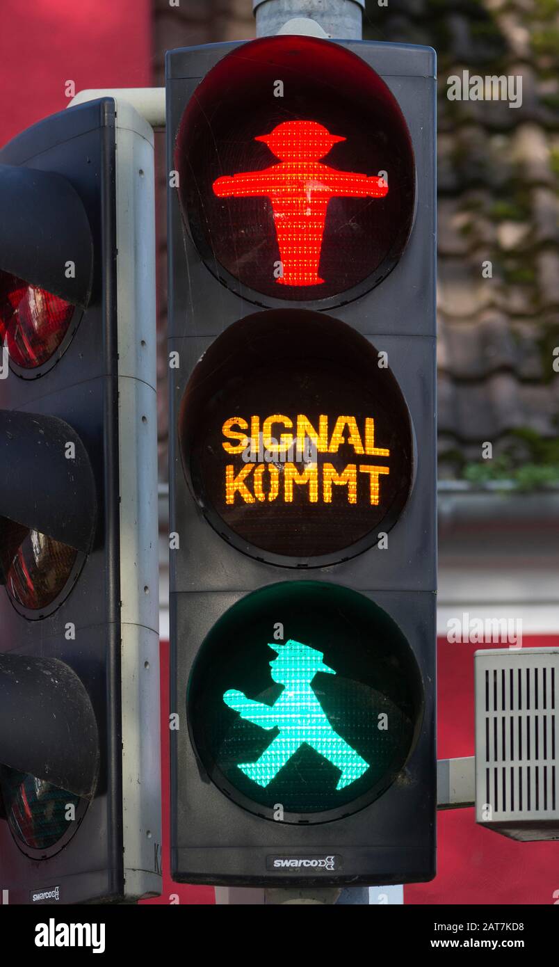 Rot-grüne Ampel männlich an Fußgängerampel, DARSS, Mecklenburg-Vorpommern, Deutschland Stockfoto