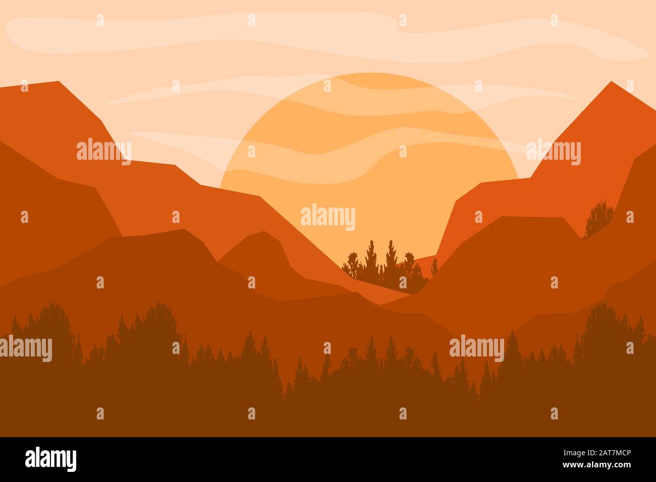 Berglandschaft. Ländlicher Naturhintergrund mit Bergen von Sonnenaufgang und Sonnenuntergang. Vektorillustrator. Wandpapier. Stock Vektor