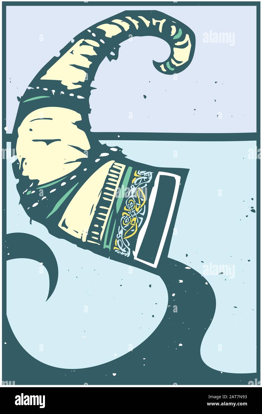 Holzschnitt Stil Expressionistisches Bild eines wikinger Trinkhorns mit zoomorphen Elementen Stock Vektor