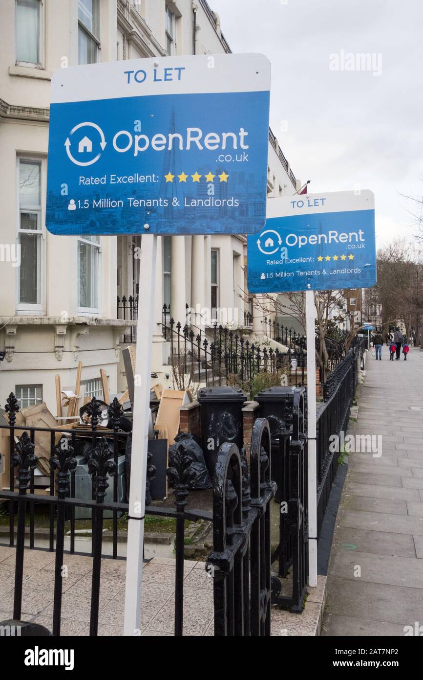 Offene Miete, Um Schilder vor einem Grundstück an der Cromwell Road, Earl's Court, London, Großbritannien, zu Lassen Stockfoto