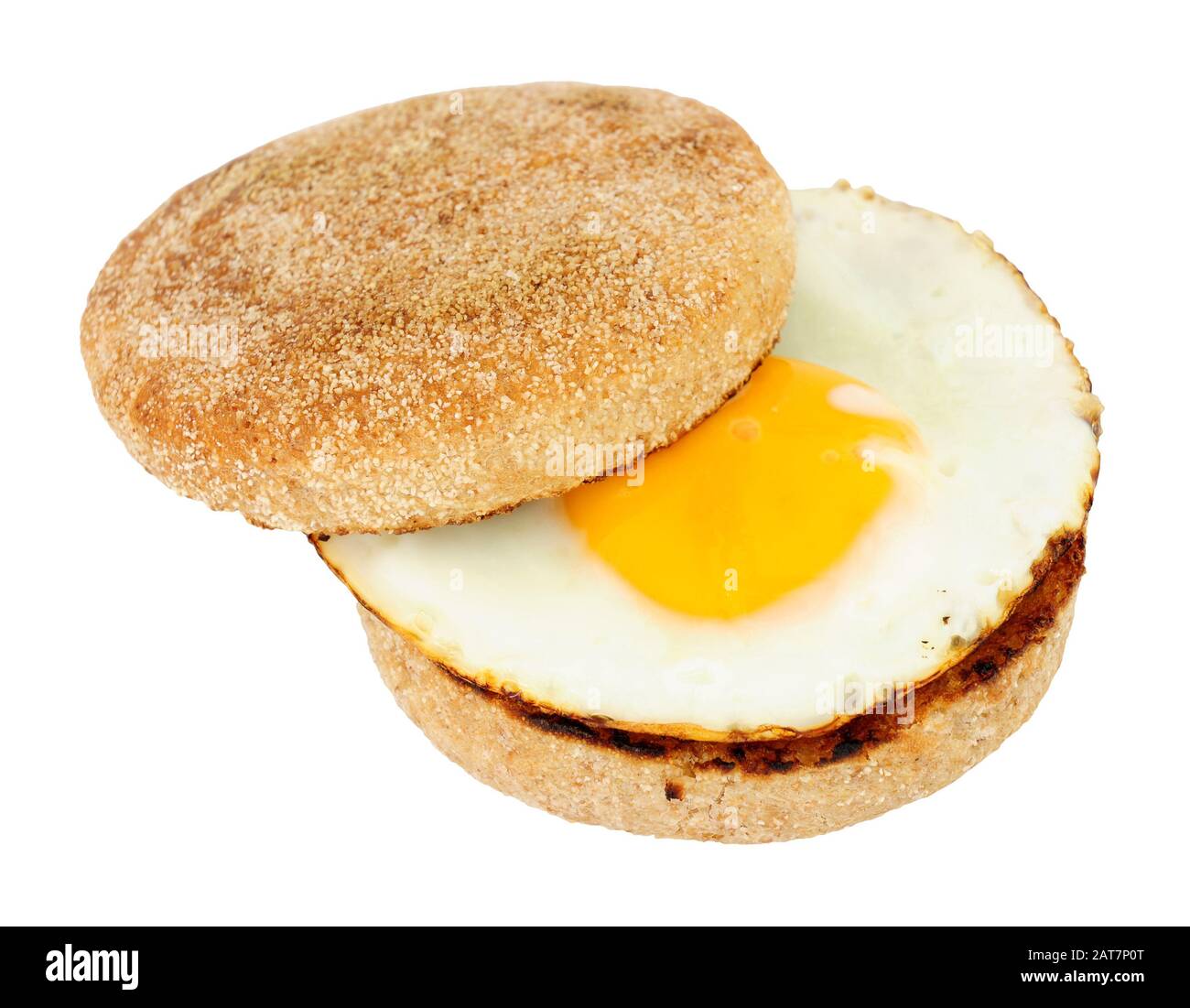 Frittiertes Ei auf einem weichen, getoasteten englischen Muffin, isoliert auf weißem Hintergrund Stockfoto