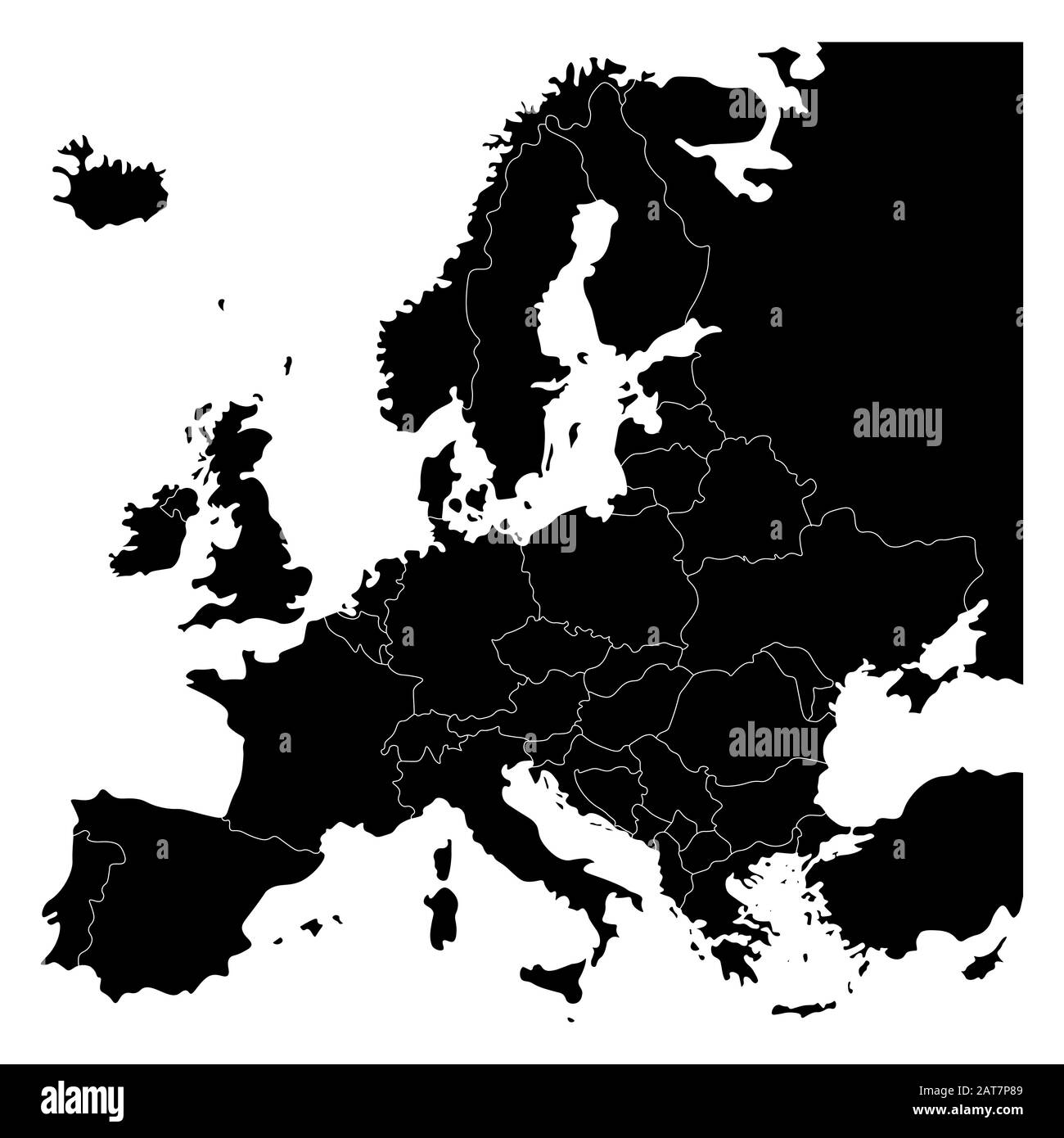 Karte des europäischen Kontinents. Ländergrenzen und europa. Isolierte Vektorgrafiken in schwarzer Farbe. Stock Vektor