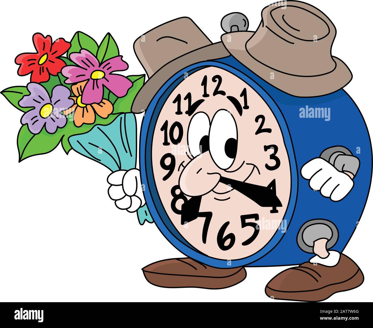 Cartoon-Uhr mit einem Blumenstrauß, der an einem Datum mit seiner ...