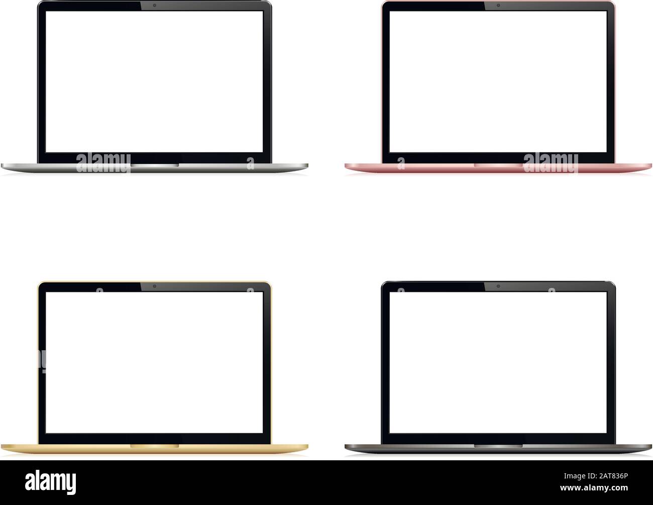 Notebook-Kollektion mit leerem Bildschirm isoliert. Silber, Grau, Gold und Rosenfarbe. Stock Vektor
