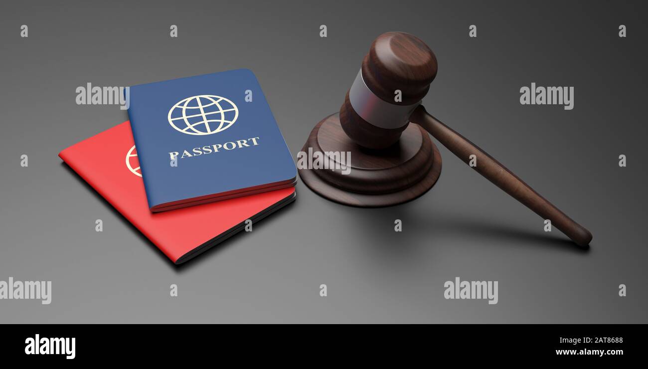 Legale Einwanderung, Visum, Migrationsbehörde. Pässe und Richter Gavel auf grauschwarzem Hintergrund, Banner. 3D-Abbildung Stockfoto