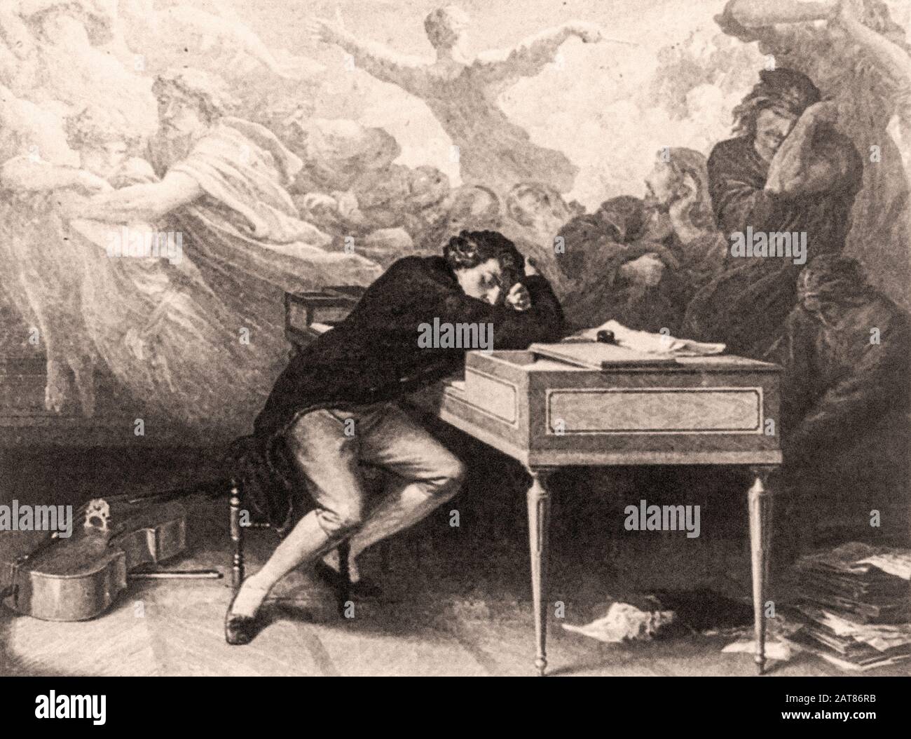 Ludwig Van Beethoven Voll lgth., sitzend, nach rechts gerichtet; mit geschlossenen Augen auf Klavier gelehnt. Stockfoto