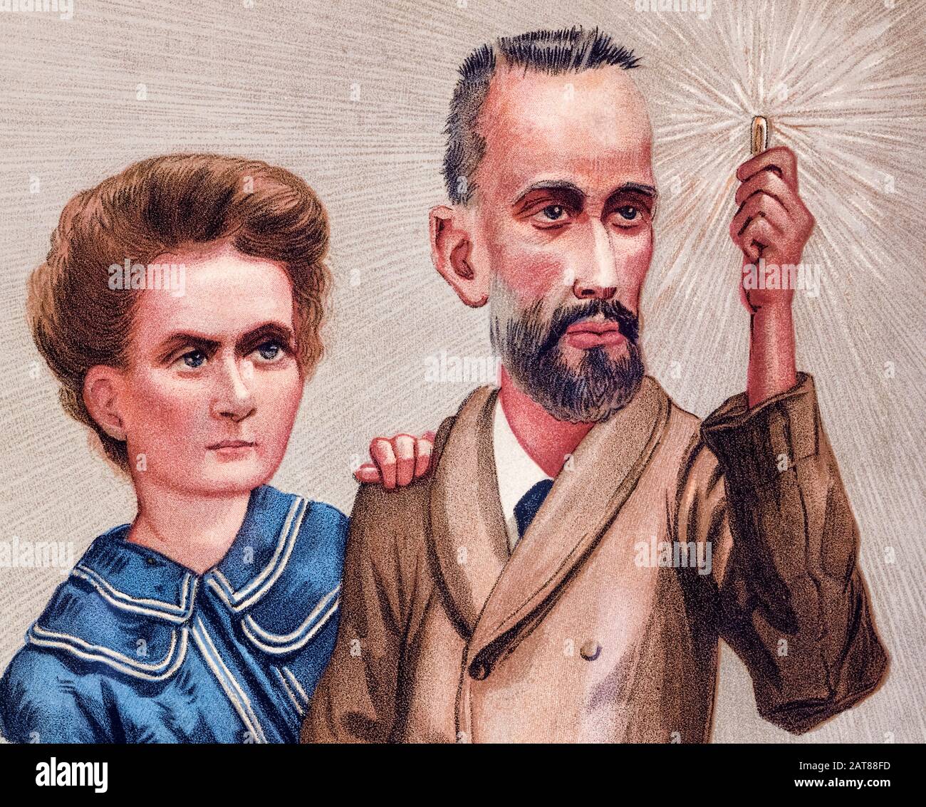 Marie und Pierre Curie isolieren Radiumchlorid, Karikaturen von Julius Mendes Price, 1904/05 Stockfoto