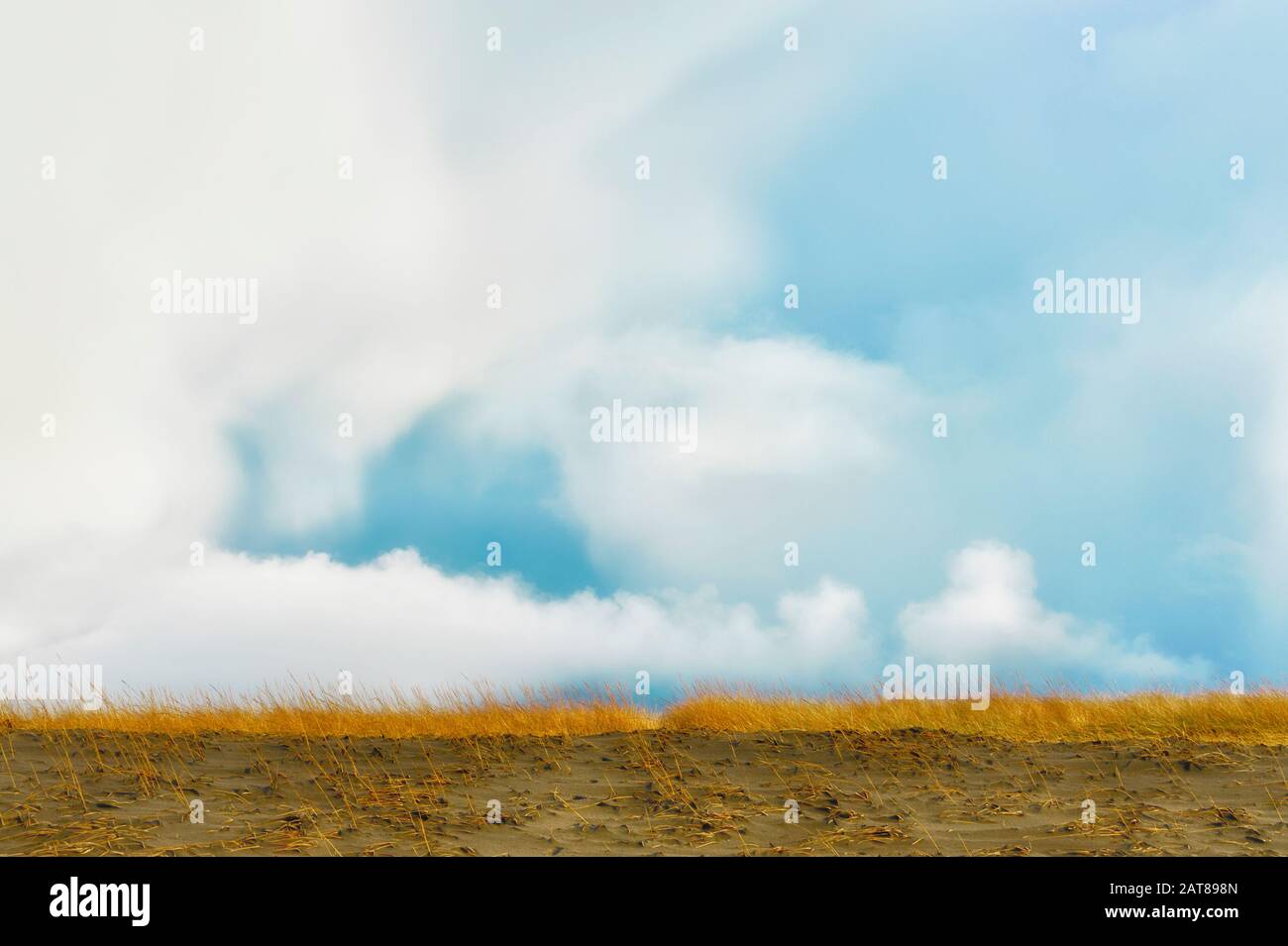 Wolken bilden sich über mit Gras bedeckten Sanddünen an der Oregon Coast. Stockfoto