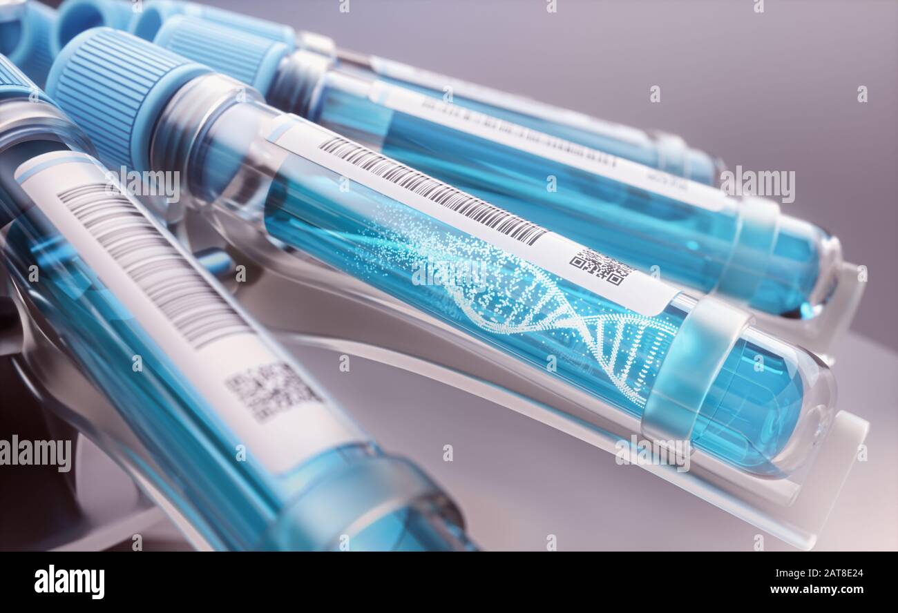DNA-Molekül, das sich im Reagenzglas bildet. 3D-Illustration, konzeptionelles Bild von Wissenschaft und Technologie. Stockfoto